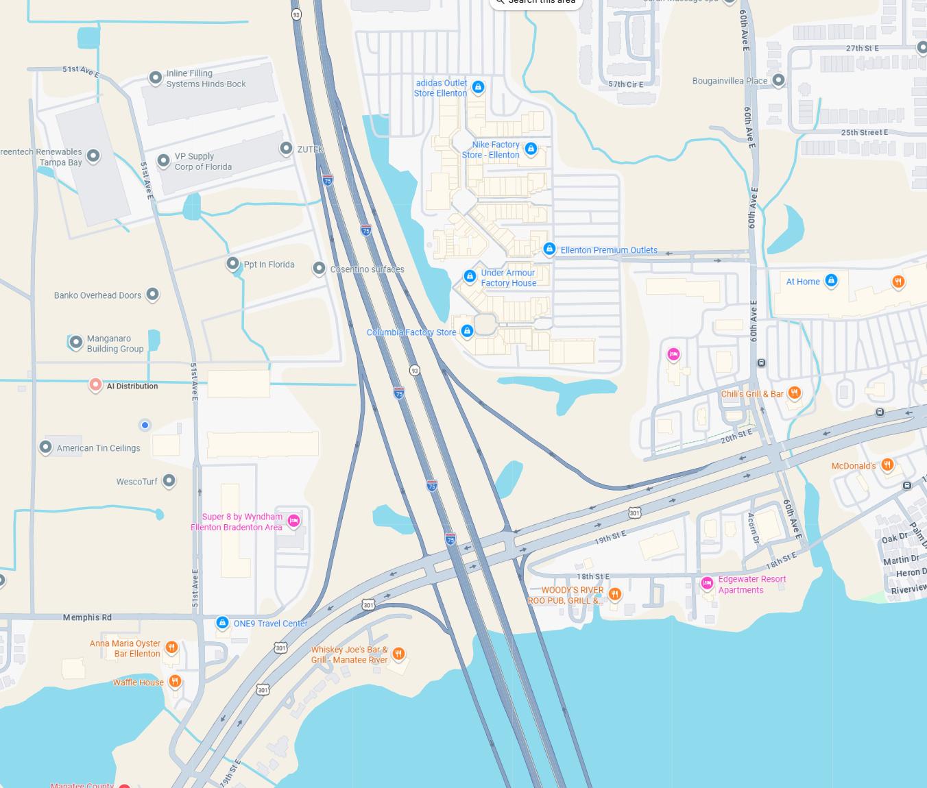 Area map showing AI Distribution on 51st Avenue East, beside I-75 near the US-301 interchange